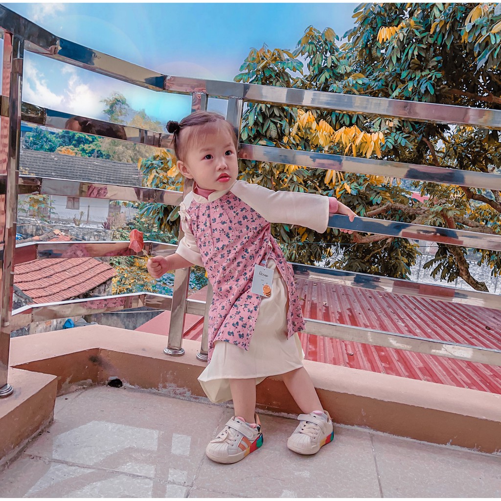 Set áo dài nhung tăm hoa nhí xinh yêu