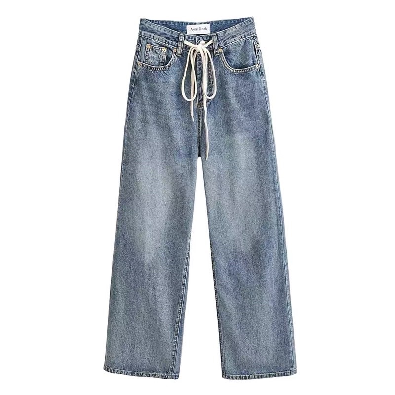 Quần jeans ống rộng lưng cao DÂY RÚT