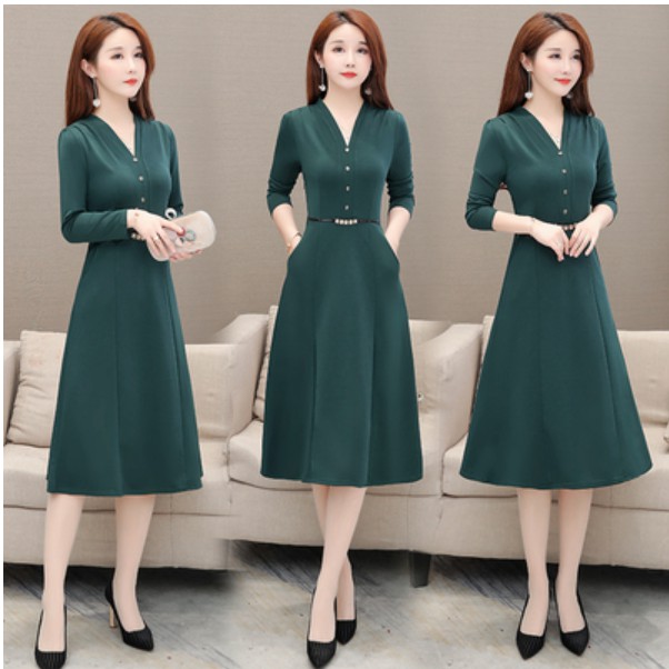 Korean Style Autumn Elegant Women Dinner Dress Plus Size Solid Color Slim V-neck Tunic Midi A-line Cocktail Christmas Party Prom Dresses