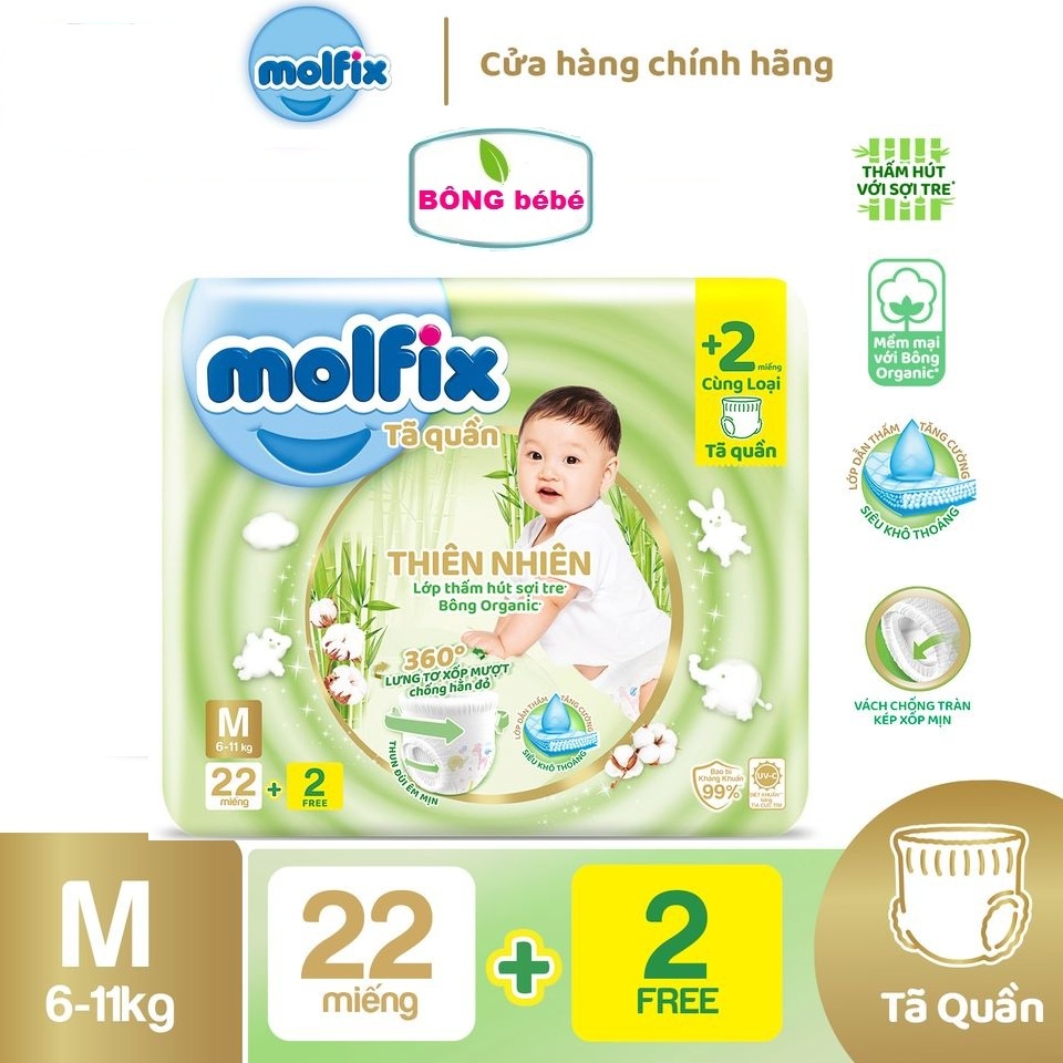 Bỉm Molfix bỉm quần thiên nhiên an toàn bông tự nhiên – Regular M (6kg - 11kg) - Gói 22+2 miếng