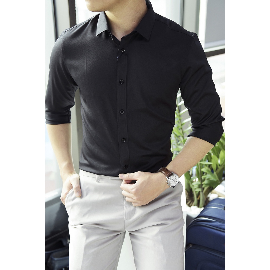 Áo sơ mi nam dài tay áo kiểu hàn quốc công sở đẹp F8888 Màu Đen SMT001
