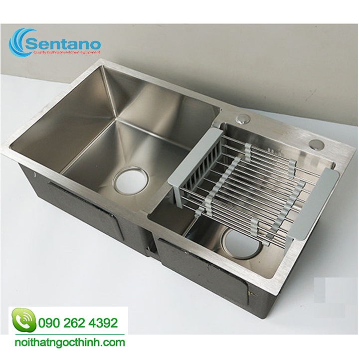 [LOẠI 1 PLUS] Combo Chậu rửa chén bát đúc liền khối Sentano Plus SC-11 8245TL 2 ngăn lệch 100% inox 304