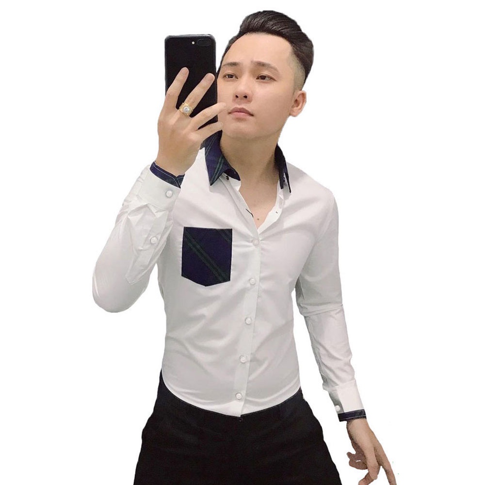 Áo Sơ Mi Nam Dài Tay Trắng Phối Kẻ Vàng Vải Lụa Trơn Cao Cấp Kiểu Dáng Body 68