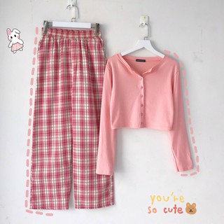 Sét bộ quần sọc caro dài phối áo croptop gân tay dài cực xinh TTSLA0380