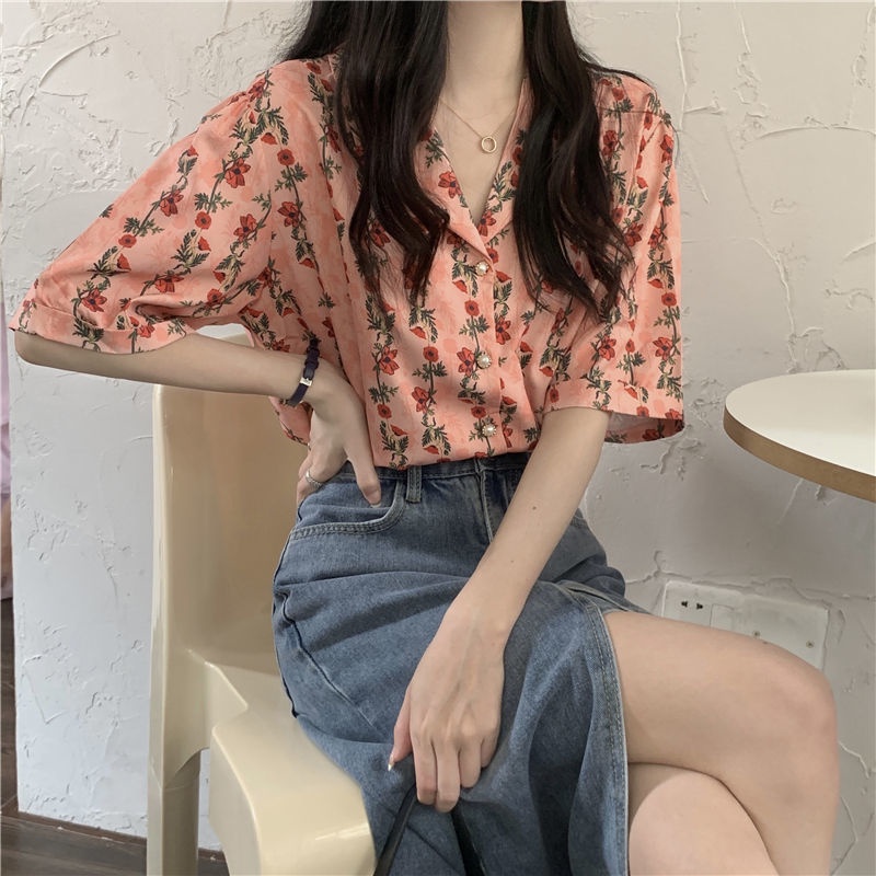 Áo Sơ Mi Tay Ngắn Cổ Chữ V In Hình Hoa Hồng Phong Cách Retro Hàn Quốc