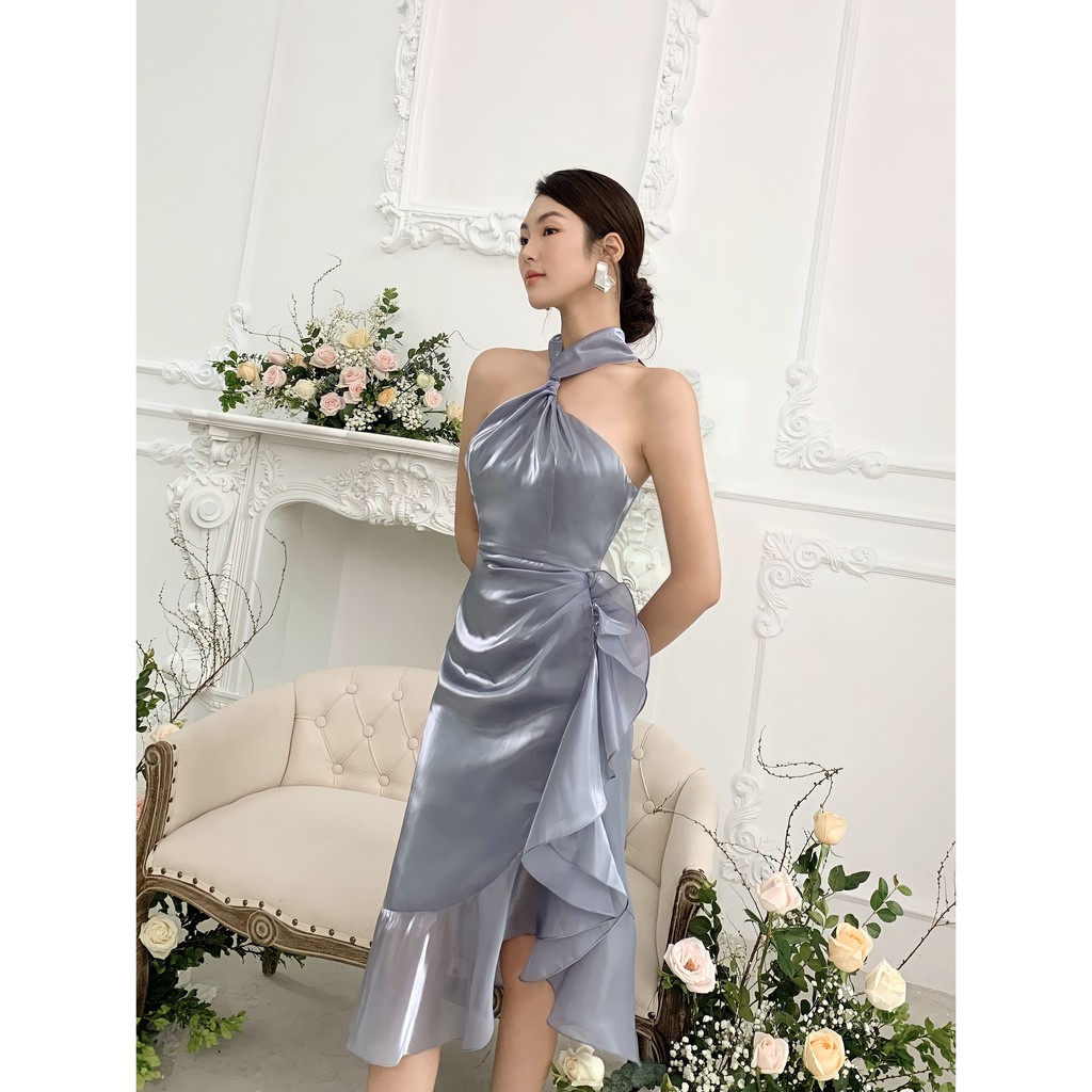 MOLLYNISTA- Đầm Killy xám yếm cột dây bèo lệch hông | BigBuy360 - bigbuy360.vn