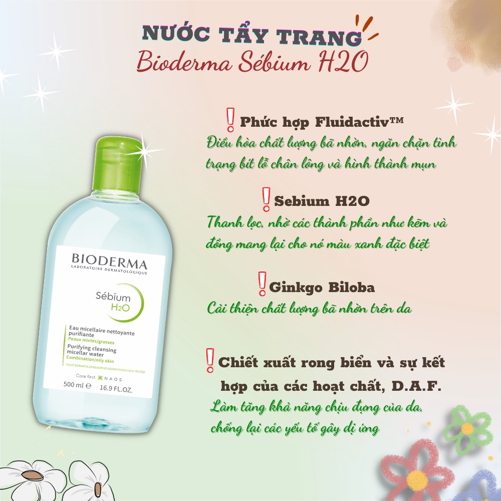 Nước tẩy trang Bioderma Pháp dành cho da dầu mụn và da nhạy cảm - Tem nhập khẩu chính hãng