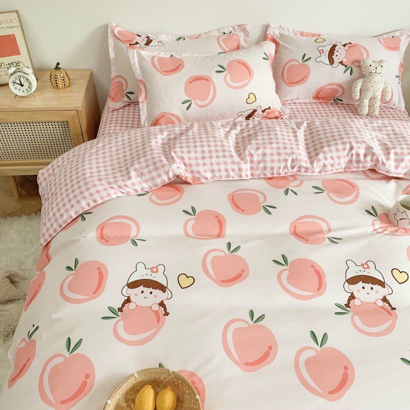 Set Chăn Ga Đào Hồng Cam Ga Kẻ Caro Cotton Poly Bé Gái Siêu Xinh Bền Đẹp, Không Phai Xù