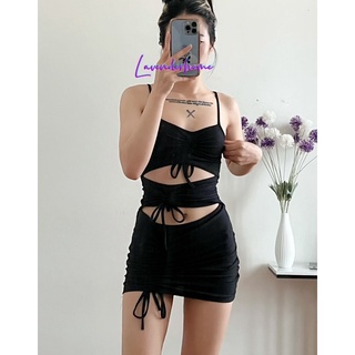 Đầm body thắt dây cá tính thun gân 3td
