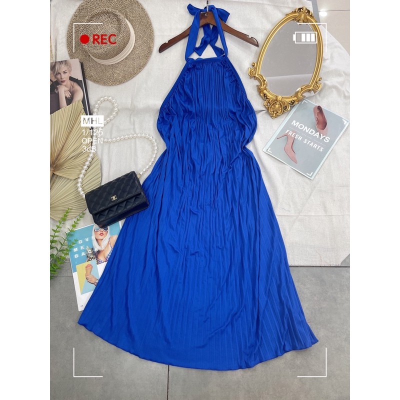 Đầm maxi xanh dập ly, Đầm xanh xoè yếm cột nơ dập ly cao cấp | BigBuy360 - bigbuy360.vn