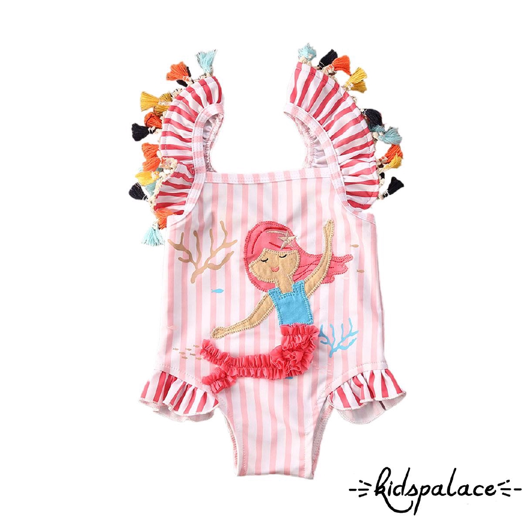 ➤♕❀❤Baby Girls Striped Sleeveless Tassel Ruffle Cartoon Cute Mermaid Pattern Bathing Suit