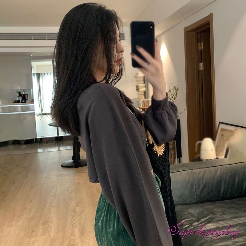 Áo Cardigan Dệt Kim Tay Dài Dáng Ngắn Thời Trang Cho Nữ