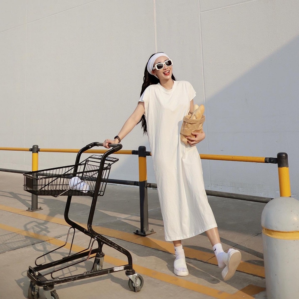 Váy thun dáng suông , đầm thun cotton dáng suông, đầm suông rộng dáng dài 2 màu Đen , Trắng - CHOOSE ME KLP | BigBuy360 - bigbuy360.vn