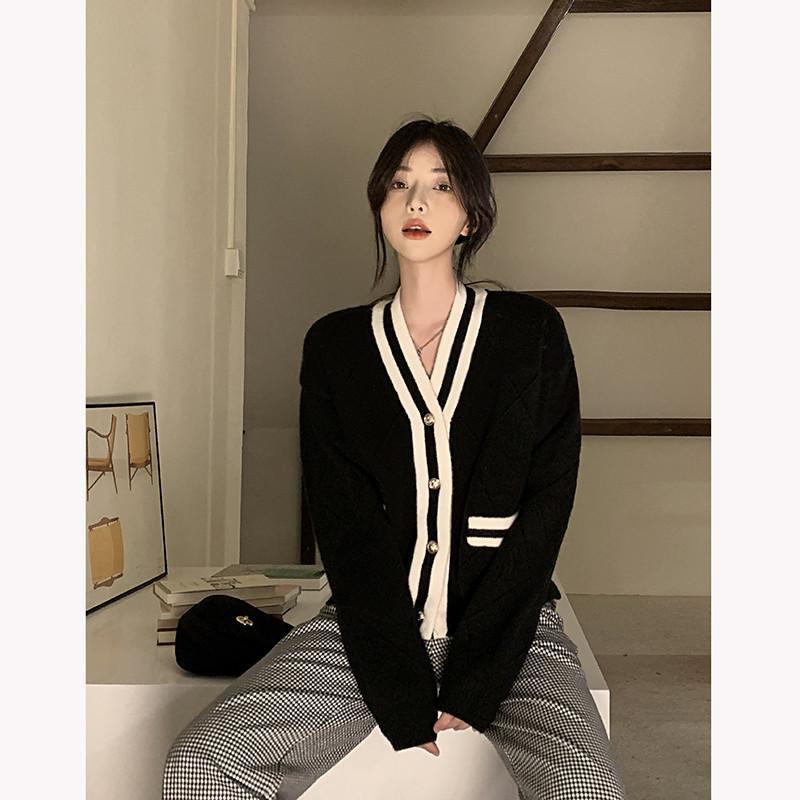 Áo Khoác cardigan Len Dệt Kim Màu Sắc Tương Phản Thời Trang Xuân Thu 2022 Cho Nữ