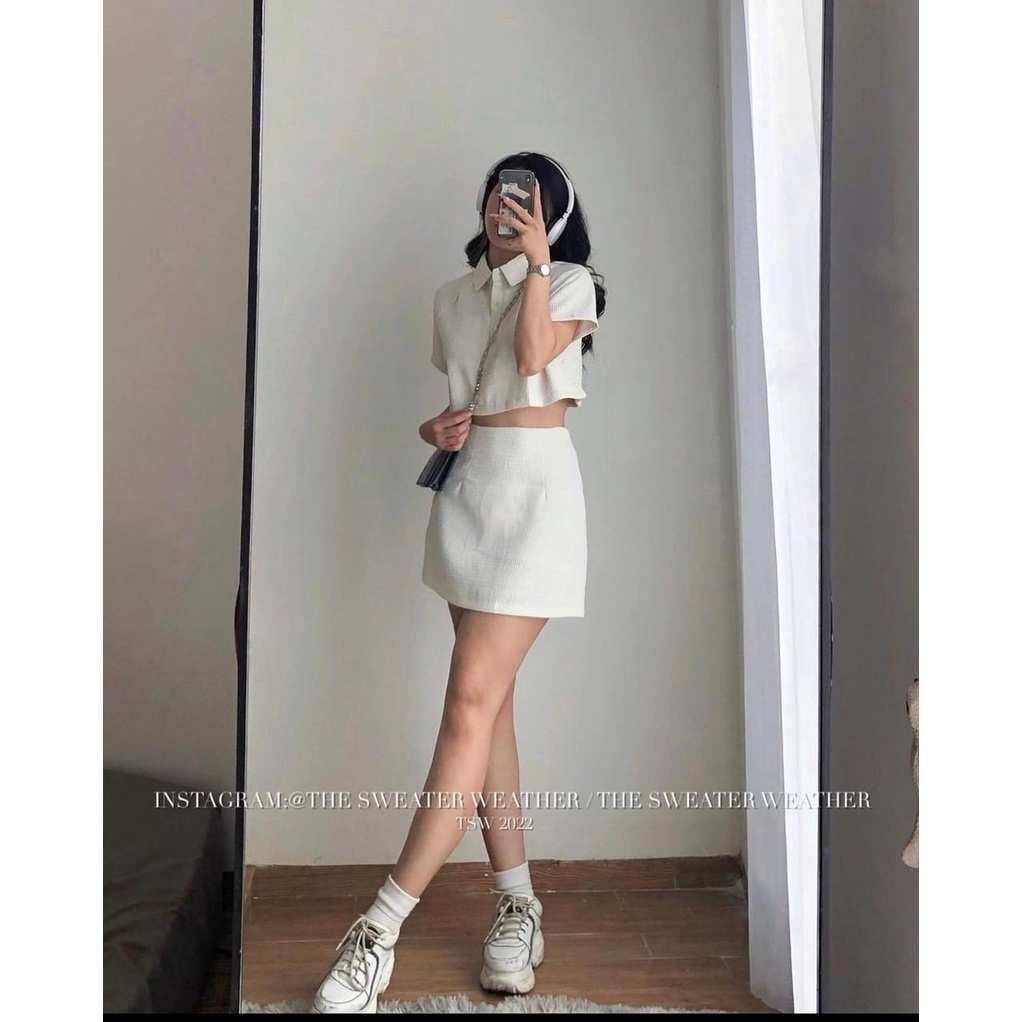 Set xốp croptop cộc tay trơn cổ đức mix chân váy 5065 chữ A chun lưng A1051A Nhung Nhớ