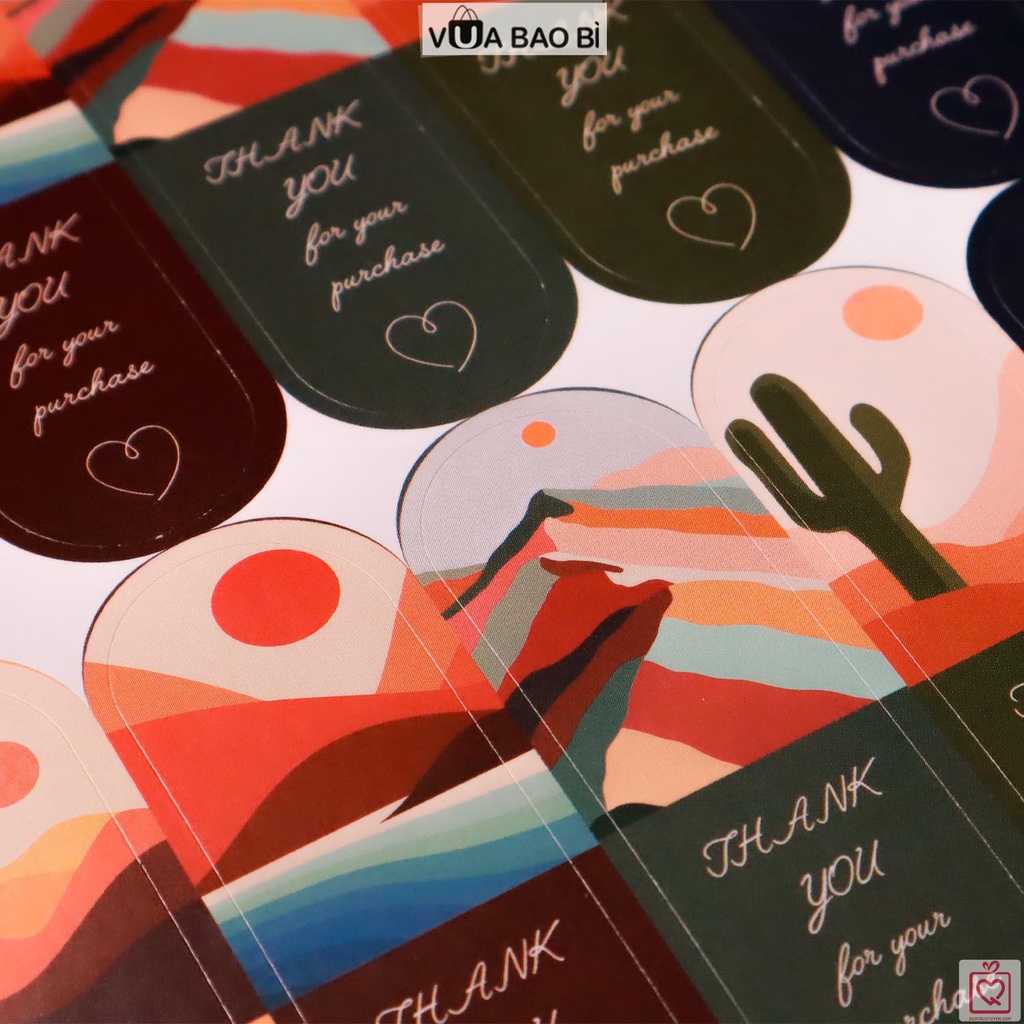 Set 100 Sticker decal cám ơn dán hộp niêm phong nghệ thuật TE04, đề can dán hộp bao bì đóng hàng họa tiết Vinatage