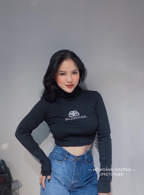 Áo CỔ LỌ TAY DÀI in chứ BB form croptop