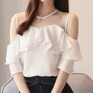 011AK - Áo kiểu cổ voan quyến rũ trễ vai tay cánh tiên nhún bèo xinh xắn.