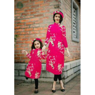 SET ÁO DÀI GẤM HOA MẸ BÉ KÈM MẤN