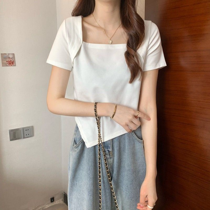 Áo thun SUXI tay ngắn cổ vuông màu trơn dễ phối đồ thời trang mùa hè đơn giản dành cho nữ