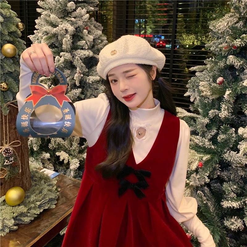 Set áo trắng tay dài cổ cao + yếm đầm váy đỏ noel tết giáng sinh nơ cổ V xếp ly ulzzang