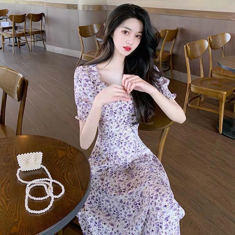 Váy nữ đẹp 🌈FREESHIP🌈váy hoa nhí tím dịu dàng tay bồng dáng dài xẻ tà siêu xinh