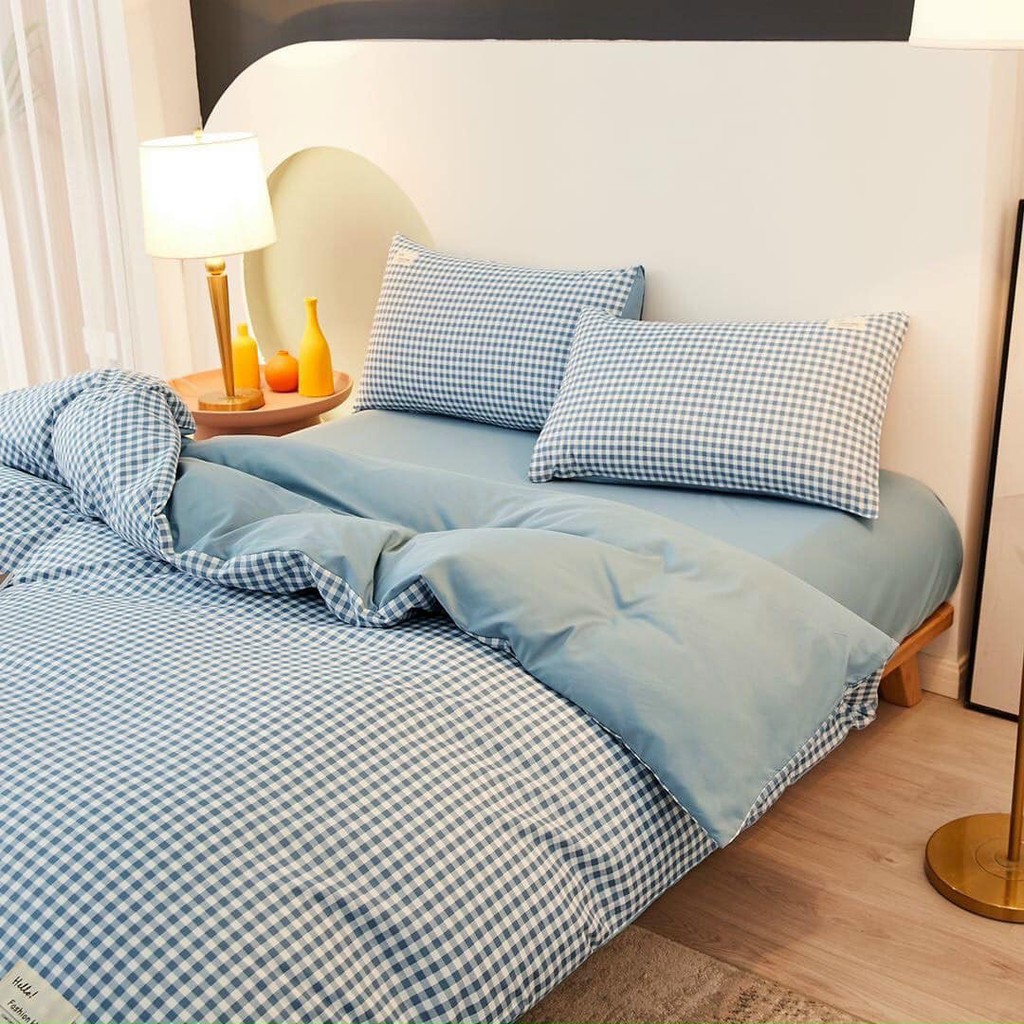 Full Set Bộ Ga giường Tici Cotton Chần Bông Caro Xanh Dương ((m2x2m - m8x2m))