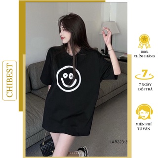 Áo thun phông nữ Cotton tay lỡ form rộng oversize Áo thun in ticker mặt cười CHIBEST LAB223