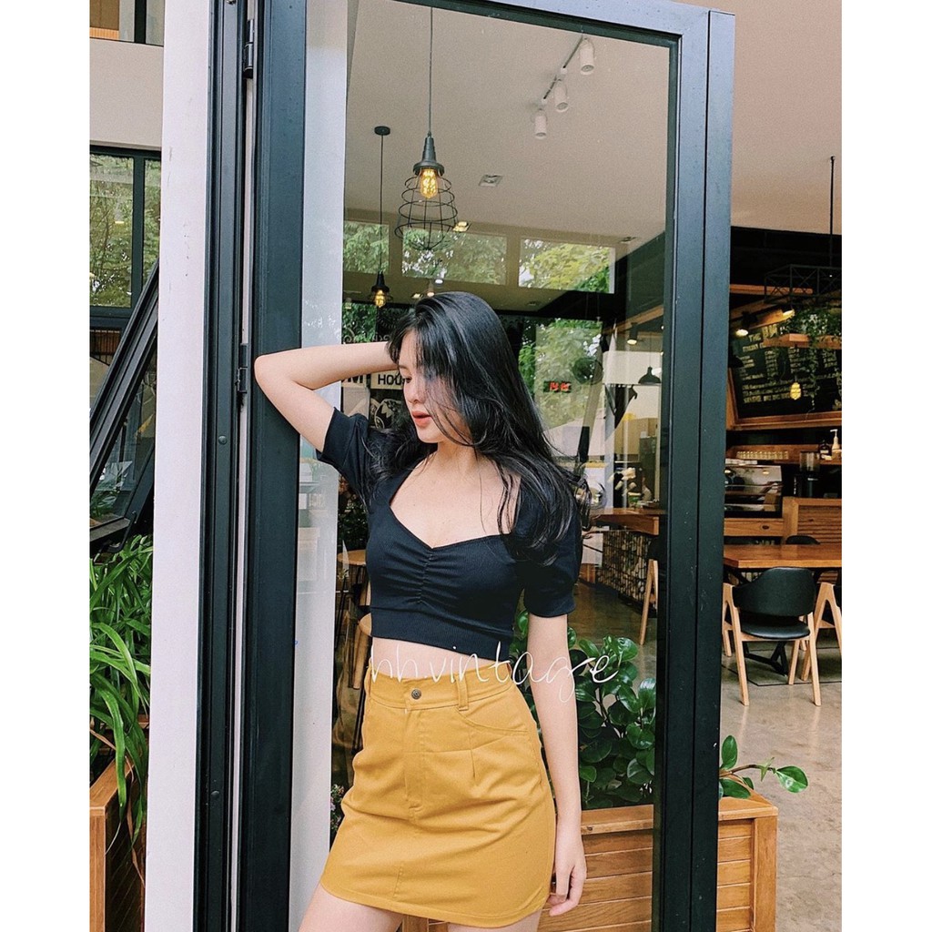 Áo Croptop 🌸nhún ngực tay phồng 🌸dễ thương thun gân loại 1( kèm hình thật 100%).