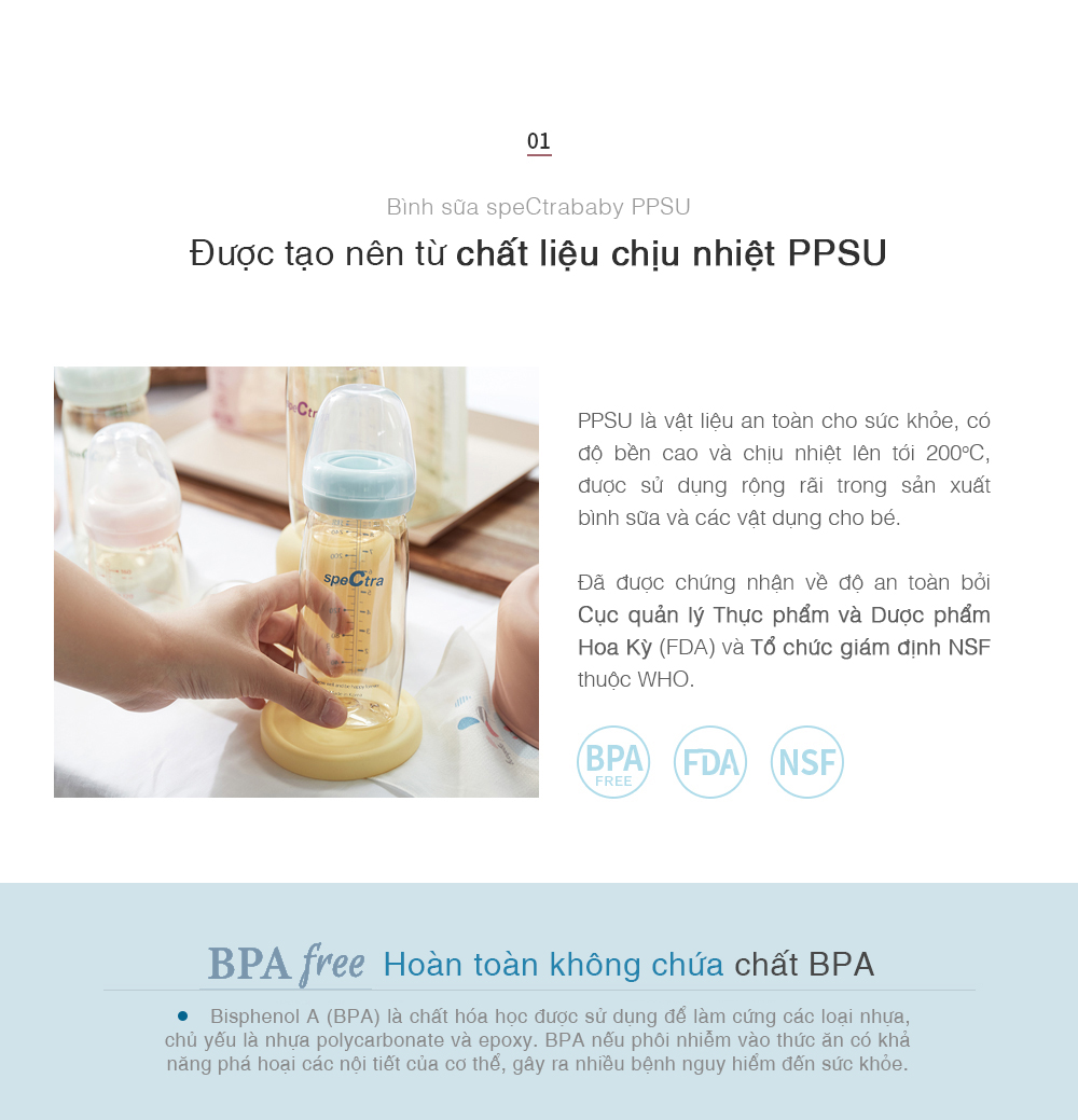 BÌNH SỮA PPSU CỔ RỘNG SPECTRA 260ML (CÓ NÚM TI SIZE L)