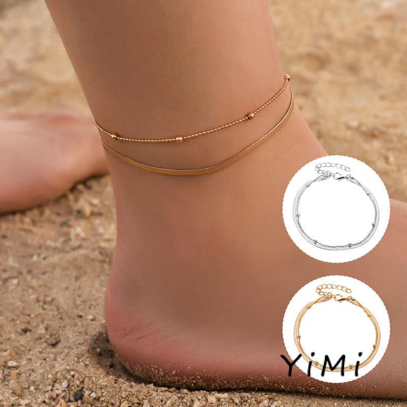 Lắc Chân Hai Lớp Xỏ Hạt Tròn Và Xương Rắn Đơn Giản Thời Trang Cho Nữ