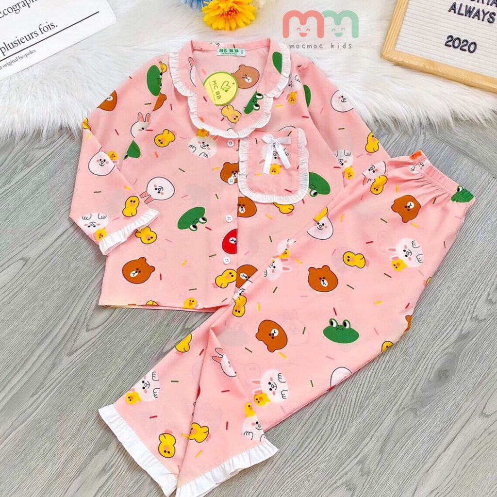 Đồ ngủ pijama bé gái dài tay lụa cao cấp mềm mát thoải mái thấm hút tốt cho bé 10kg đến 26kg