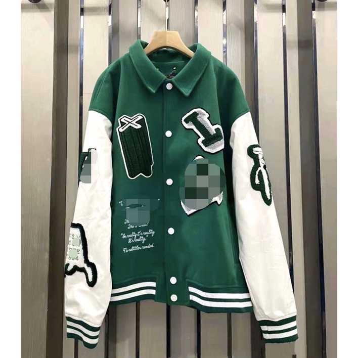 ⚡️⚡️Áo Khoác Louis Vuitton × Virgil Abloh FW21 Green Varsity Leather Jacket, Áo varsity jacket LV