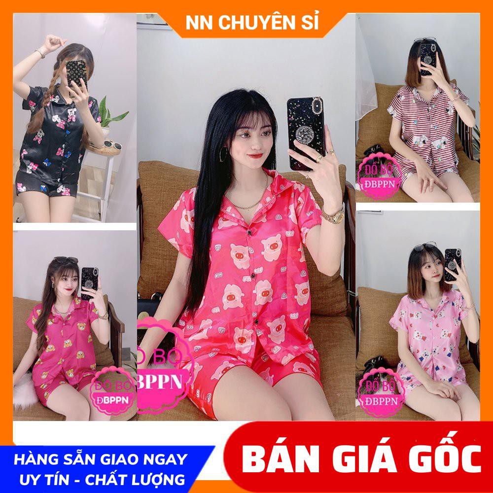 Đồ bộ nữ mặc nhà cổ pijama chất phi bóng mềm mịn mát in hình heo in hình hello kitty in hoạt hình dễ thương