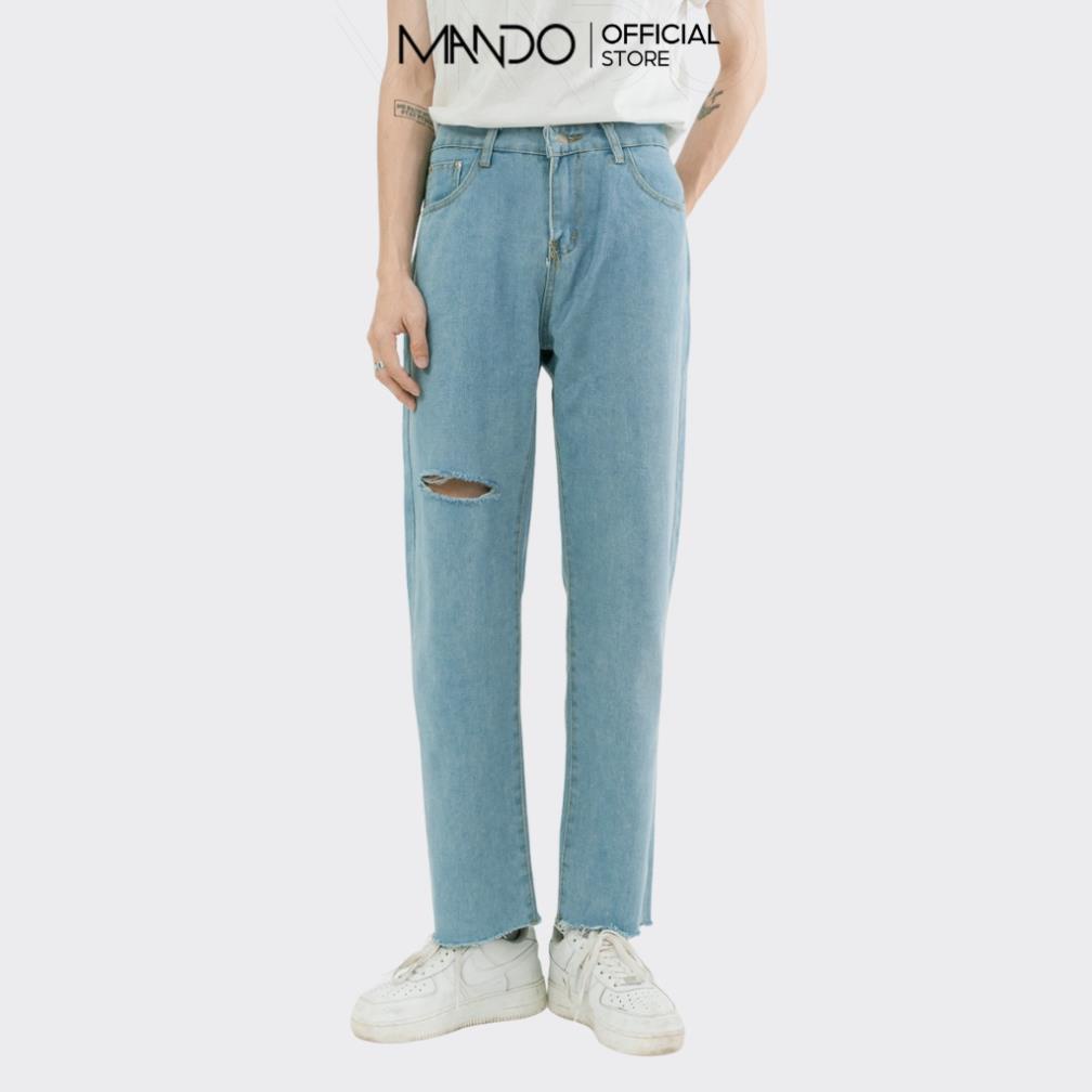 Quần Jean Nam Rách Gối MANDO Vải Bò Cao Cấp 2 Màu Xanh Đen Form Suông Rộng Basic Unisex Thời Trang Hàn Quốc QJN056 ©️