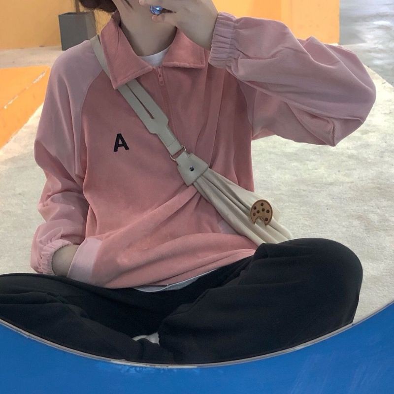 [Hàng order] Áo nỉ da cá mỏng nữ thêu chữ A bo zip cá tính (ảnh thật) | BigBuy360 - bigbuy360.vn