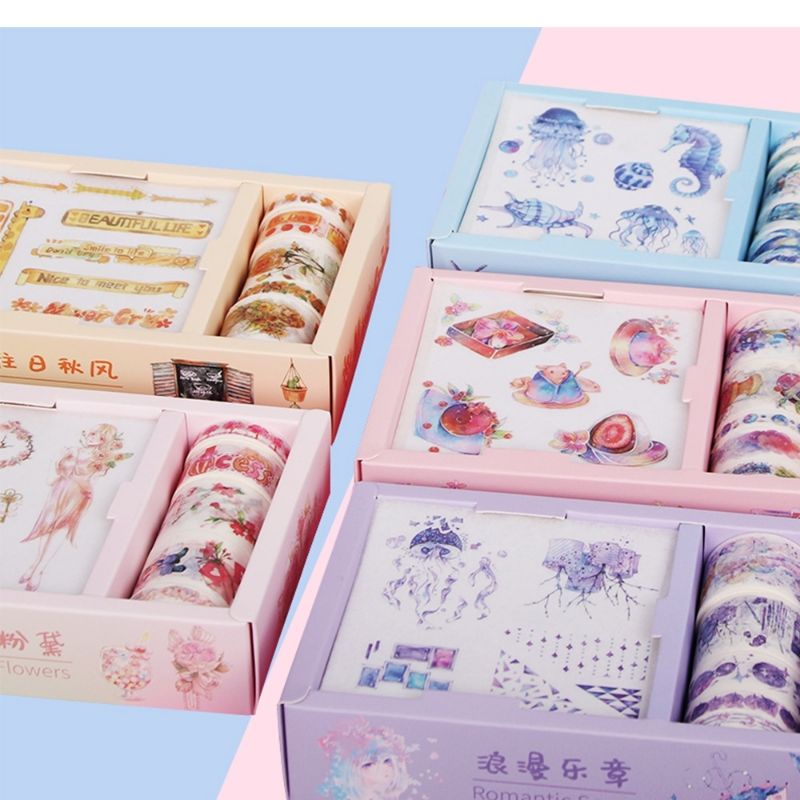 Set 5-6 cuộn washi tape + 9 tấm sticker