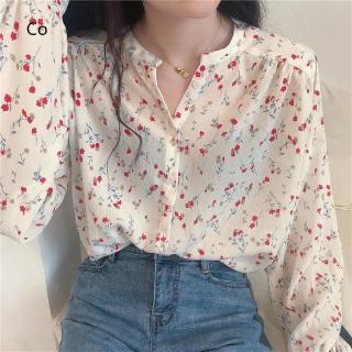 Women  Chiffon Long Sleeve Shirt Small Floral Retro Fresh Gentle Top