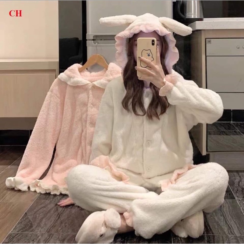 Bộ đồ ngủ mùa đông cho nữ /Bộ đồ mặc nhà lông cừu BASIC phối màu rua gấu chất dày dặn siêu ấm form rộng freesize ulzzang | BigBuy360 - bigbuy360.vn