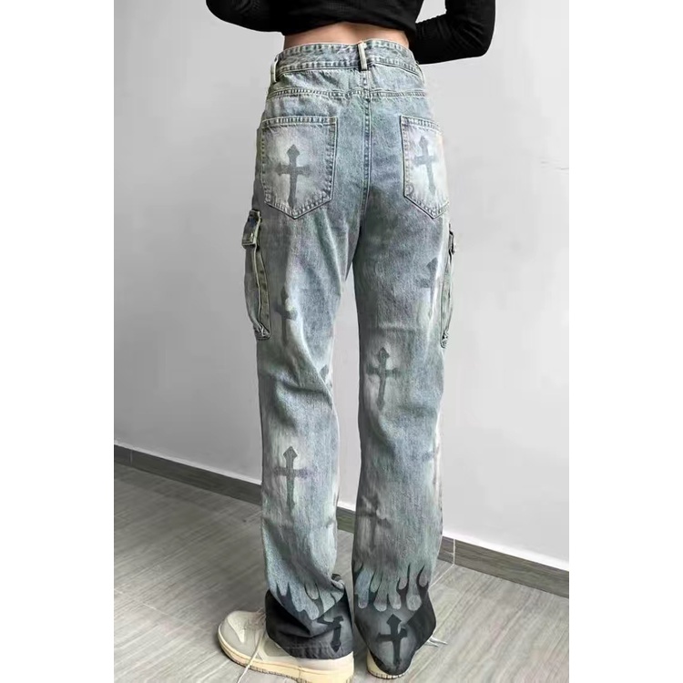 Quần Jean Baggy Dài Dáng Suông Nhiều Túi In Họa Tiết Ngọn Lửa Harajuku Punk Mới Cho Nam