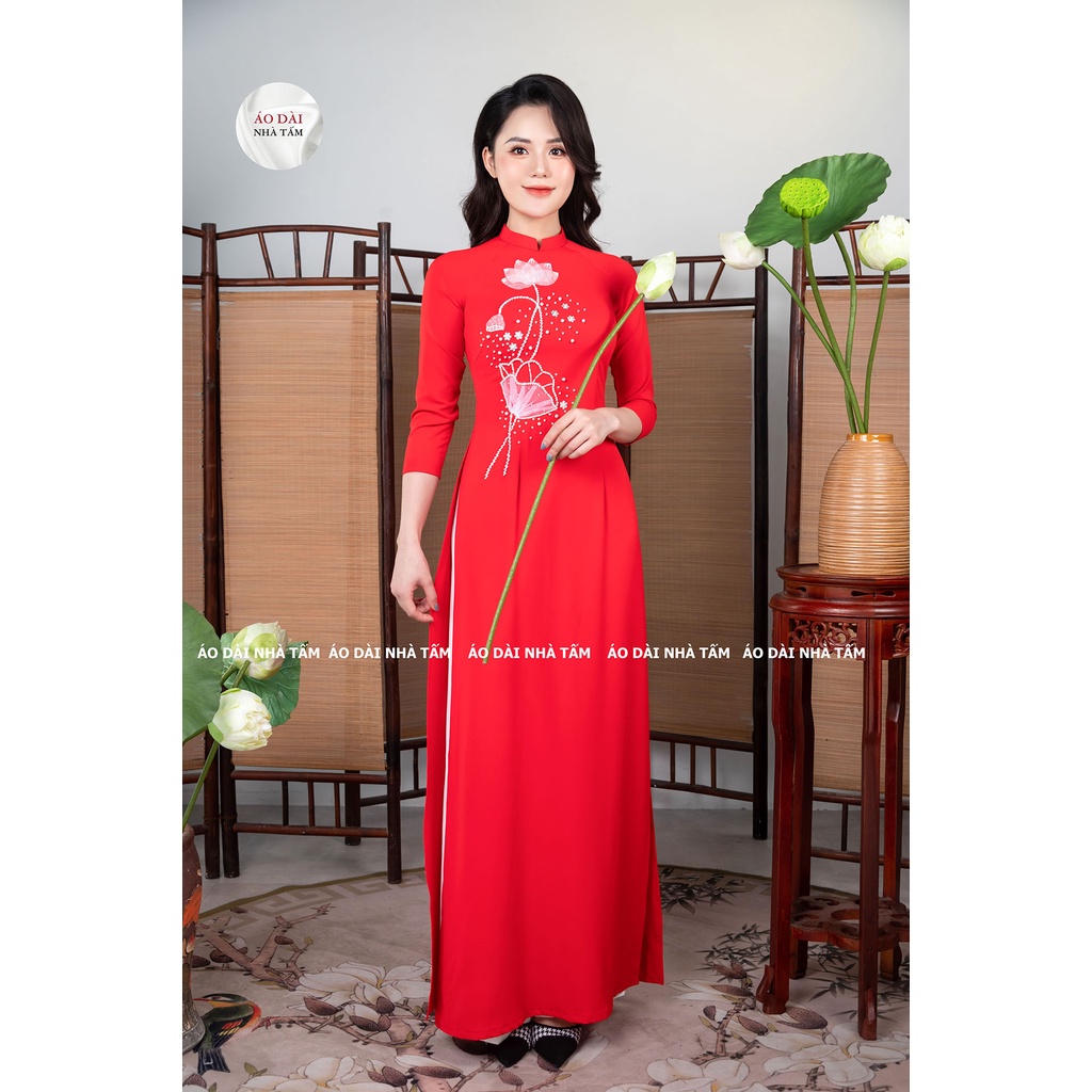 ÁO DÀI TRUYỀN THỐNG THÊU ĐÍNH HOA NỔI, LỤA CAO CẤP NHÀ TẤM - MÃ C2