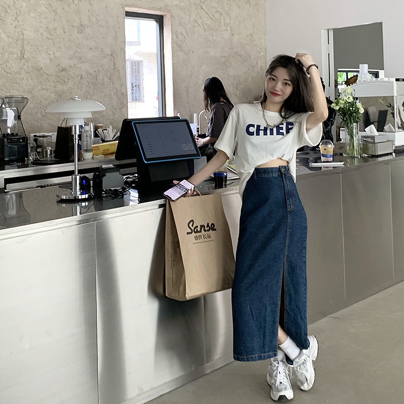 IMAODOU Chân váy jean chữ A lưng cao xẻ tà thời trang mùa xuân dành cho nữ