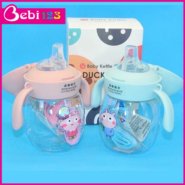 Bình uống nước tập hút chống sặc Peppa Duck Beak kèm tay cầm 280ml cho bé