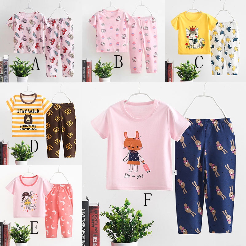 Bộ Đồ Ngủ Tay Ngắn Chất Liệu Cotton Thoáng Khí In Họa Tiết Hoạt Hình Phong Cách Hàn Quốc Thời Trang Cho Bé