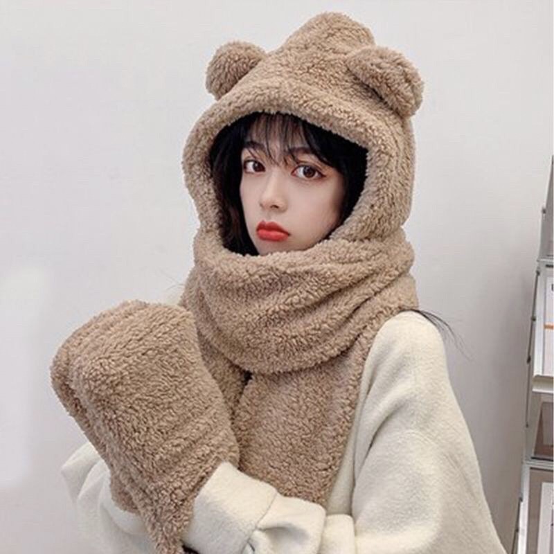 KHĂN LÔNG KÈM MŨ GẤU VÀ BAO TAY 3 TRONG 1 CỰC HOT