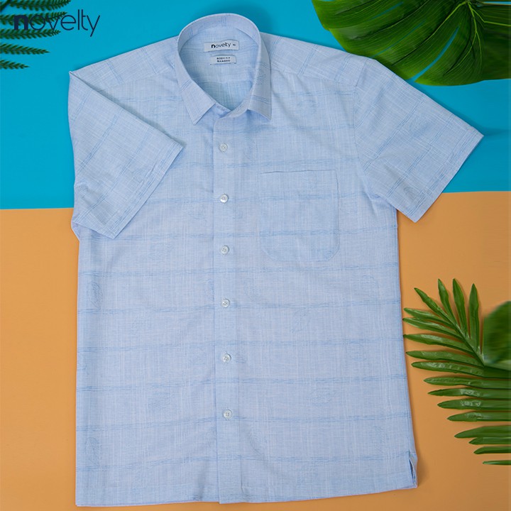 Áo sơ mi nam ngắn tay Novelty xanh nhạt họa tiết NSMMINMT3D200163N