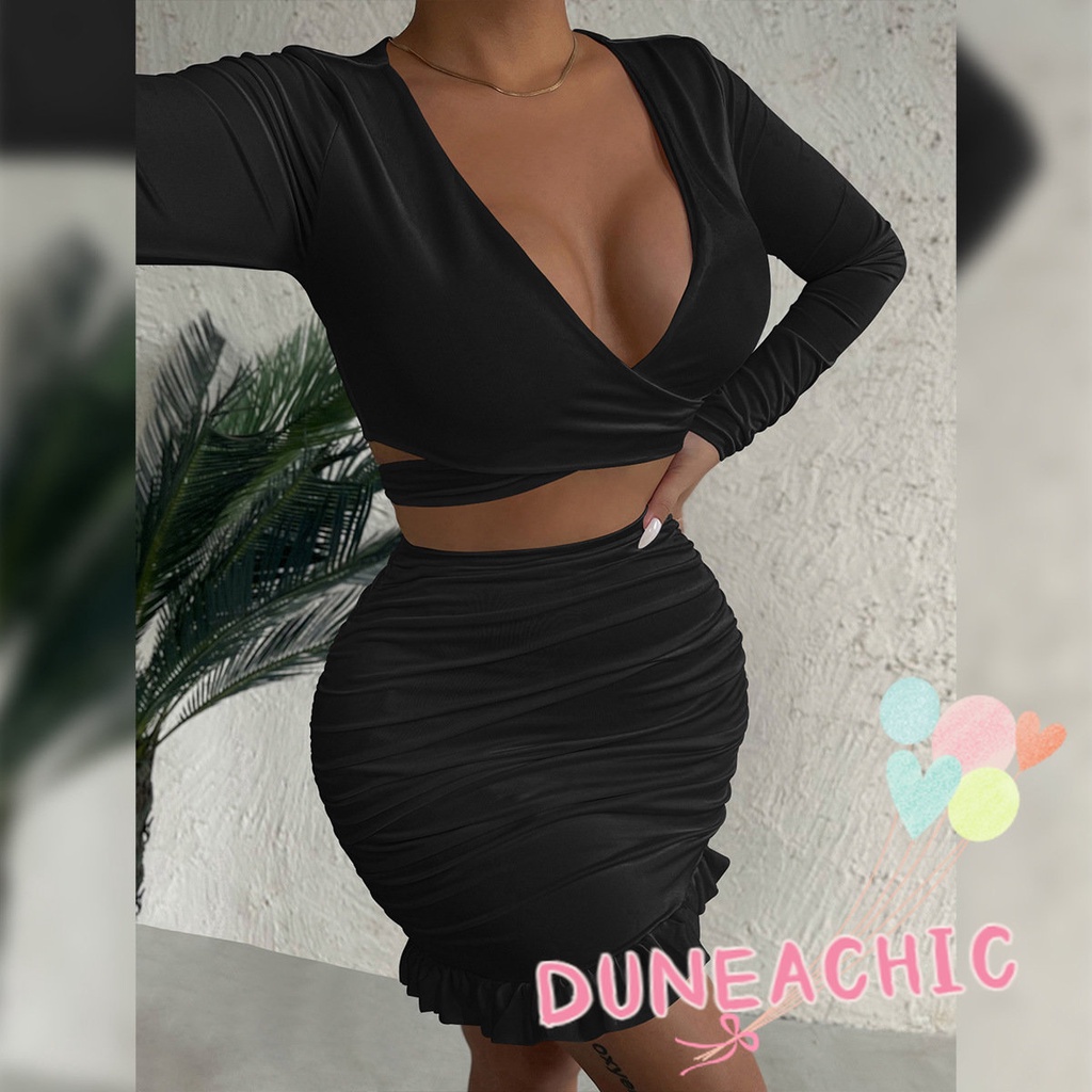 DUNEA Set Áo Croptop Cổ Chữ V + Chân Váy Bèo Nhún Quyến Rũ Cho Nữ