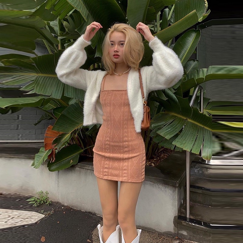 Đầm Váy 2 Dây Nữ Dệt Kim Có Thể Phối Cùng Cardigan 4 Màu Hot Dễ Mặc