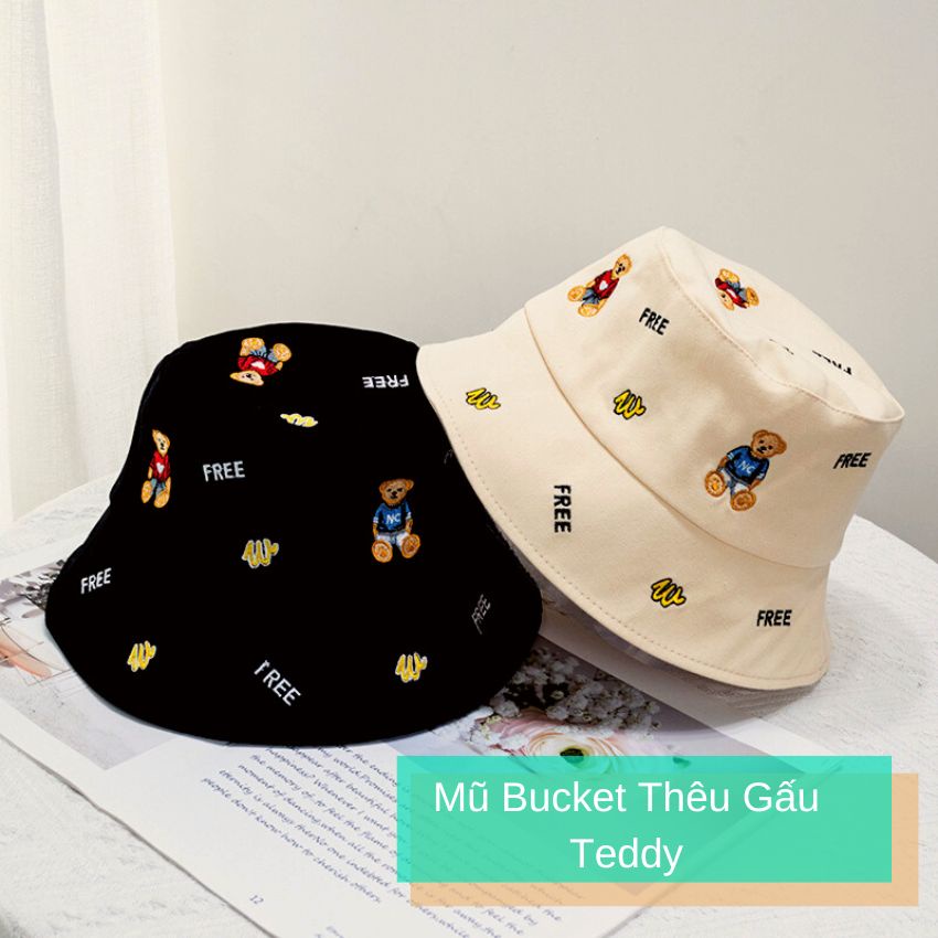 Mũ Bucket vải thêu gấu Teddy