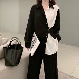 SUXI Áo sơ mi tay dài phong cách Hàn Quốc phối màu độc đáo thời trang cho nữ